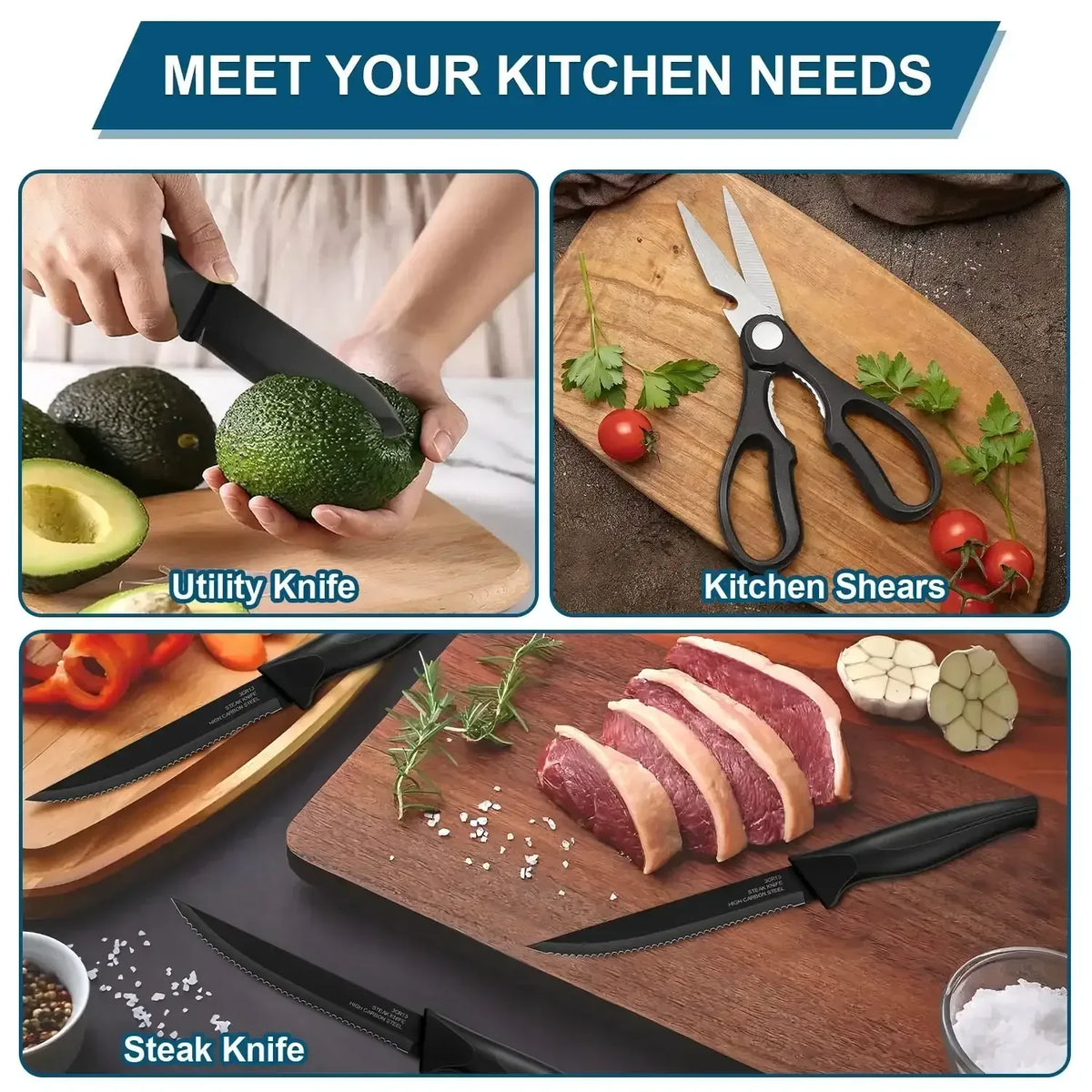 Walchoice 15 Pieces Knife Set with Block, High Carbon Stainless Steel Kitchen Knife Set with Sharpener, Rust Resistant & Dishwasher Safe