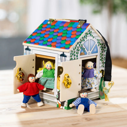 Melissa & Doug Take-Along Wooden Doorbell Dollhouse - Doorbell Sounds, Keys, 4 Poseable Wooden Dolls