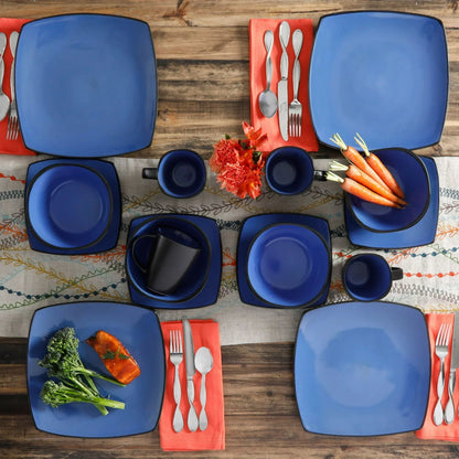 Gibson Home Soho Lounge Square Stoneware 16 Piece Dinnerware Set, Blue