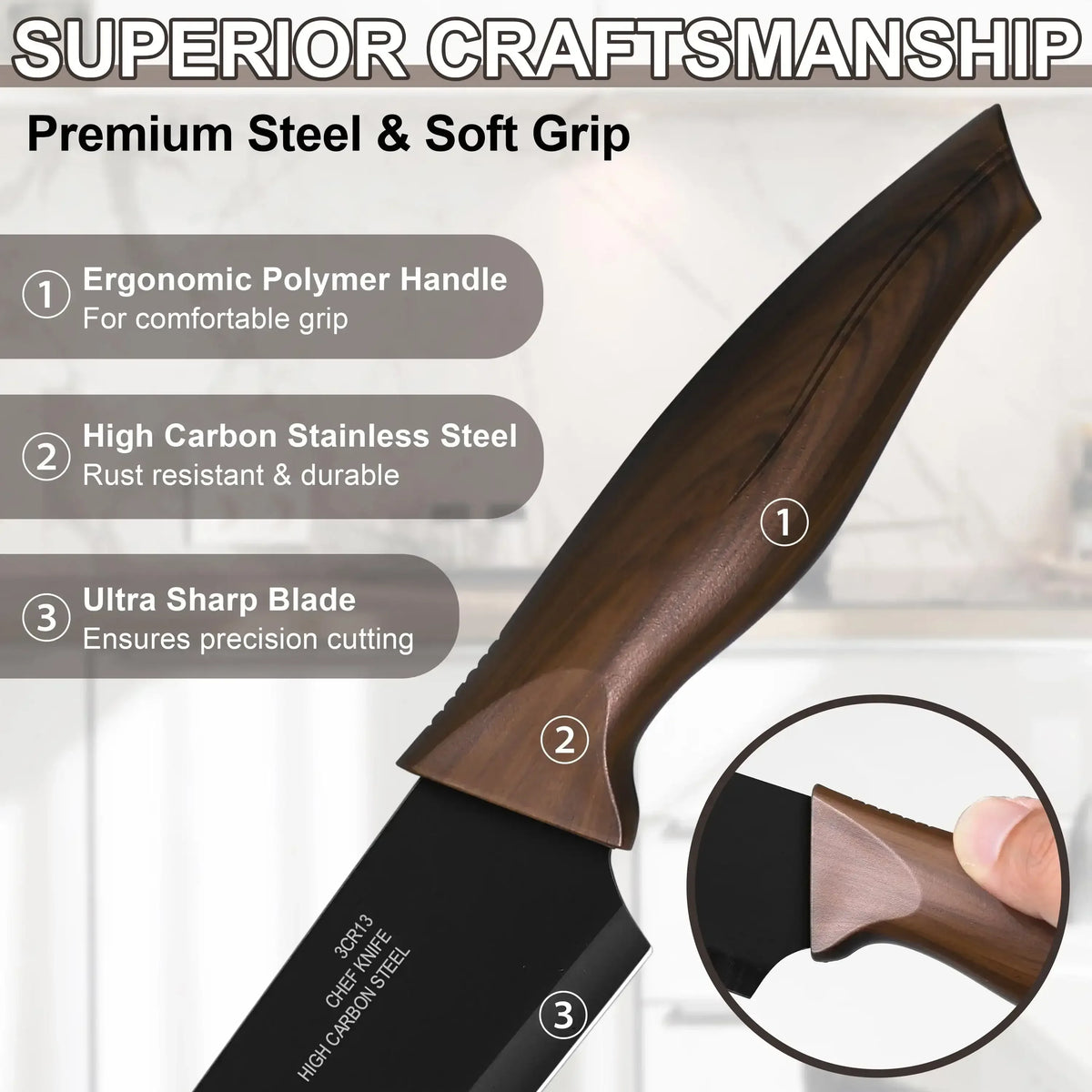 Walchoice 15 Pieces Knife Set with Block, High Carbon Stainless Steel Kitchen Knife Set with Sharpener, Rust Resistant & Dishwasher Safe