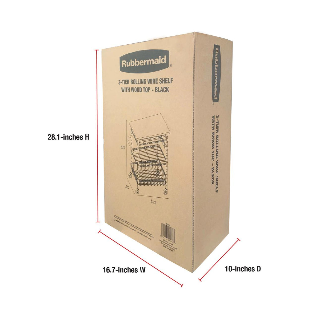 Rubbermaid 3-Tier Heavy Duty Black Rolling Utility Cart with Solid Wood Top, 300lb Capacity