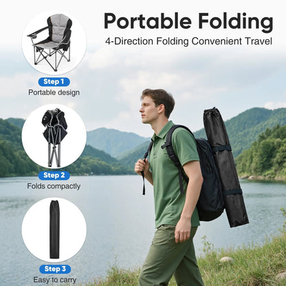 EDX Oversized Camping Folding Chair, Heavy Duty Padded Chair with Cup Holder Storage and Cooler Bag, 5000 LBS Steel Frame, Portable for Outdoor,Black Gray