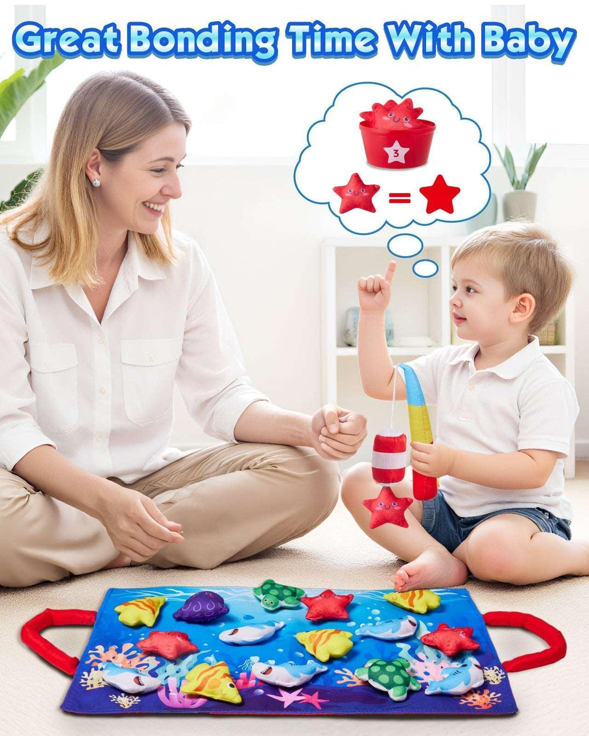 Gleamkid Montessori Toys for Toddler, 23 pcs Cloth Fishing Game Toy for 2 Poles, Stacking Cups, Double-Side Mat, Christmas Birthday Educational Gifts for 1-3 Year Old