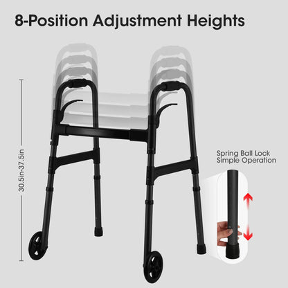 MaxKare Folding Walker with Wheels, 8 Levels Adjustable Height 30.5"-37.5", 300lbs Weight Capacity, Lightweight, for Senior, Black