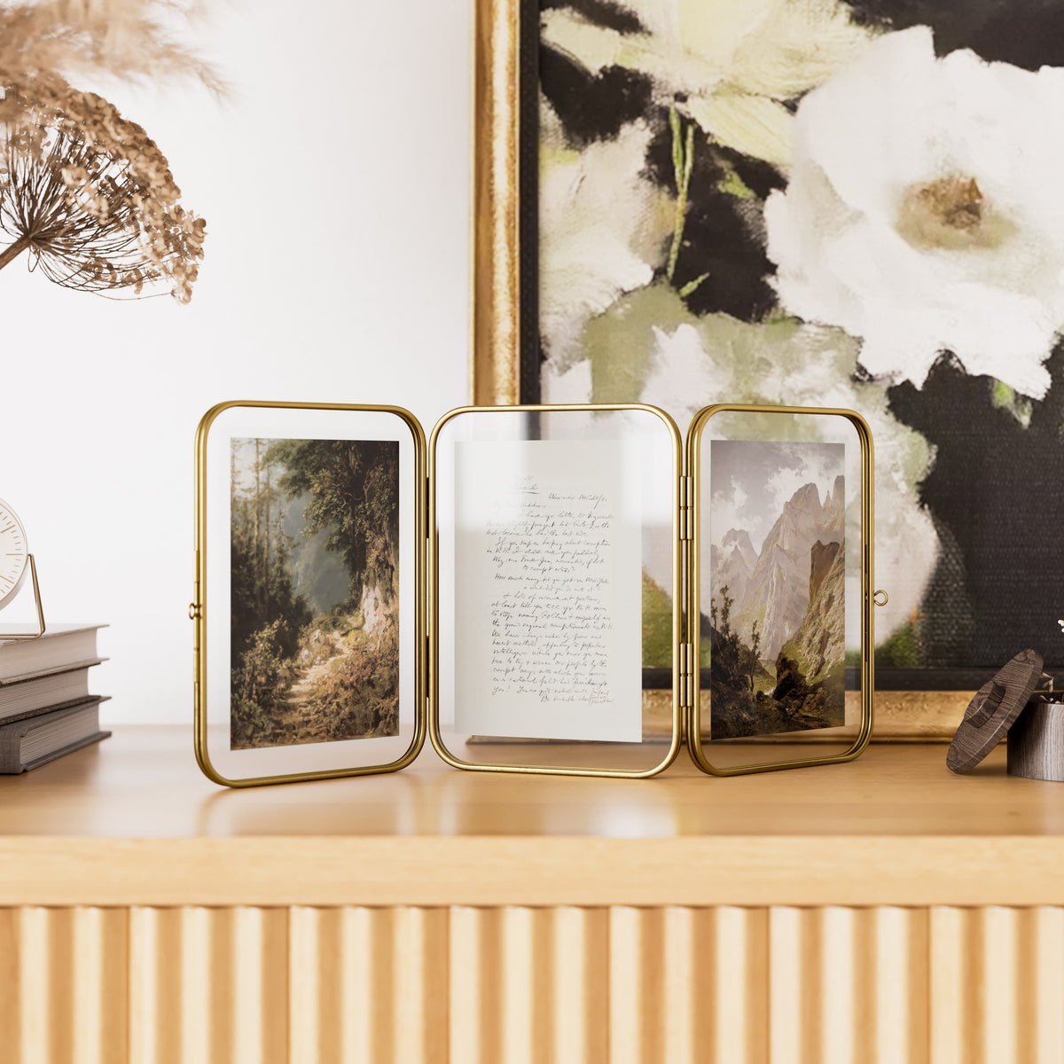 Beautiful 3 Piece Gold Metal Folding Picture Frame by Drew Barrymore - Fits 5x7 and 4x6 Photos - Multi Picture Frame for Collage Display - Gold Photo Frame Set for Family, Graduation, Mother’