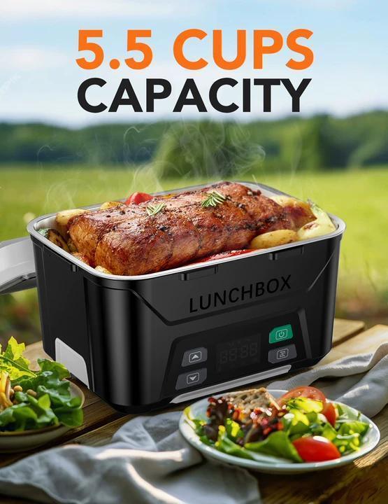Cordless Electric Lunch Box, Heated Lunch Box Battery Powered with Automatic Scheduled Heating, 5.5 Cups Capacity, with Removable Tray Divider, Dishwasher Safe, for Hot Meals Anywhere