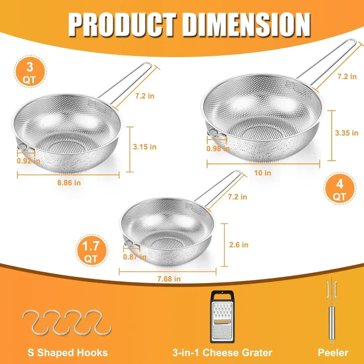 VeSteel Colander Set of 3, Stainless Steel Micro-Perforated Colanders Strainers for Draining Rinsing Washing, Ideal for Pasta Vegetables Fruits, Heavy Duty & Dishwasher Safe