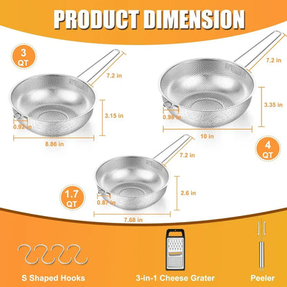 VeSteel Colander Set of 3, Stainless Steel Micro-Perforated Colanders Strainers for Draining Rinsing Washing, Ideal for Pasta Vegetables Fruits, Heavy Duty & Dishwasher Safe