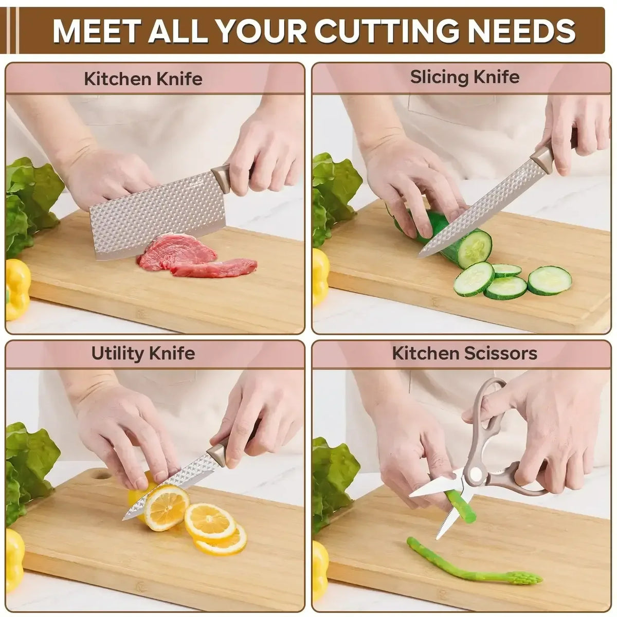 Vesteel Kitchen Knife Set of 7, Professional Stainless Steel Knives Set for Kitchen with Universal Knife Block - Khaki