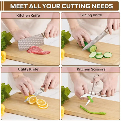 Vesteel Kitchen Knife Set of 7, Professional Stainless Steel Knives Set for Kitchen with Universal Knife Block - Khaki