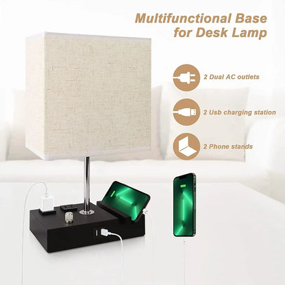 GPED Bedside Table Lamp for Bedroom with Dual Fast USB Charging Ports, Fully Dimmable Nightstand Lamps with 2 Phone Stands and 2 Charging Outlets, Desk lamp with Fabric Shade for Living Room