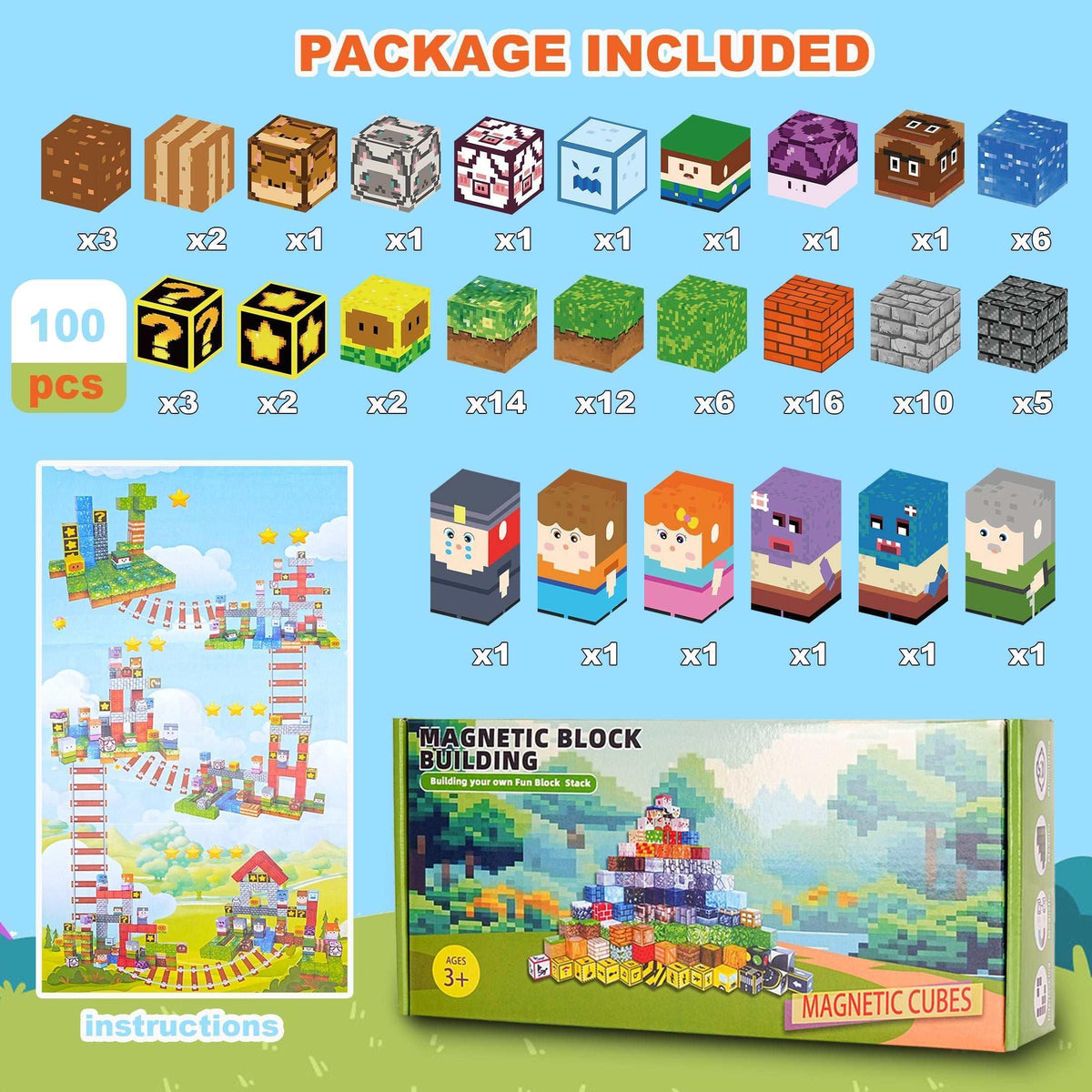 Crtynell 100pcs Magnetic Blocks - Build a Plants Wars Set, Magnetic Building Blocks Toddler Toys STEM Sensory Outdoor Toys for Boys and Girls Ages 3+, Birthday Gifts for Kids