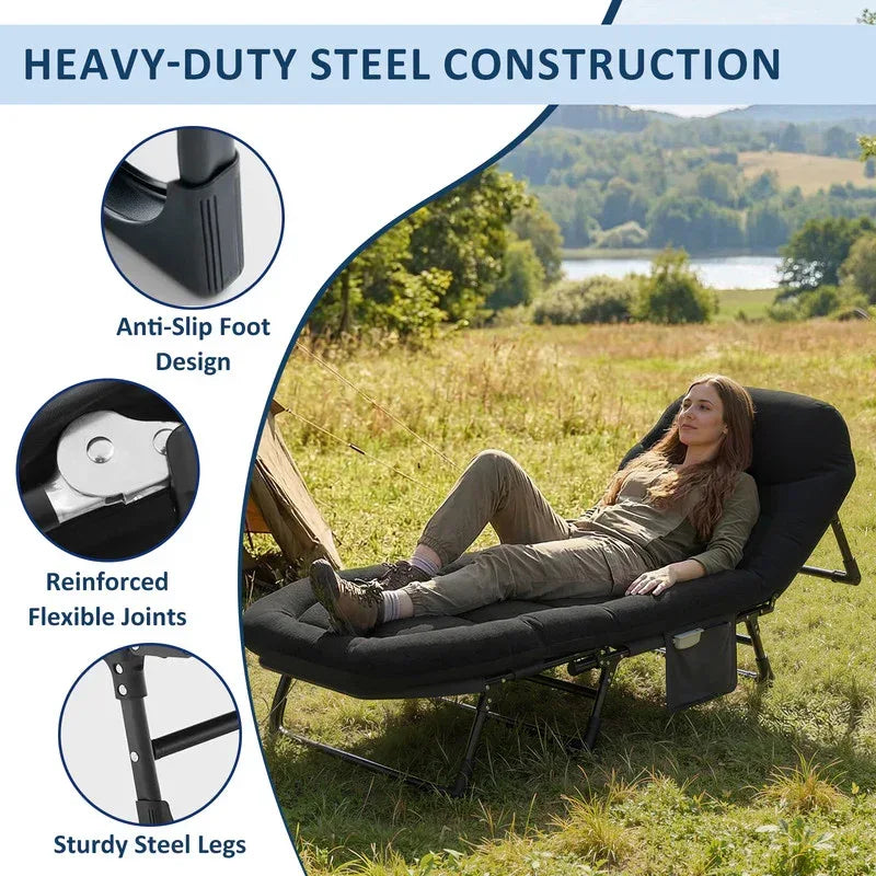TINKLE WELL Folding Camping Cot with Padded Cushion, 71" Heavy Duty Bed for Adult, Oxford Fabric & Steel Frame, Compact Portable Carry, Black