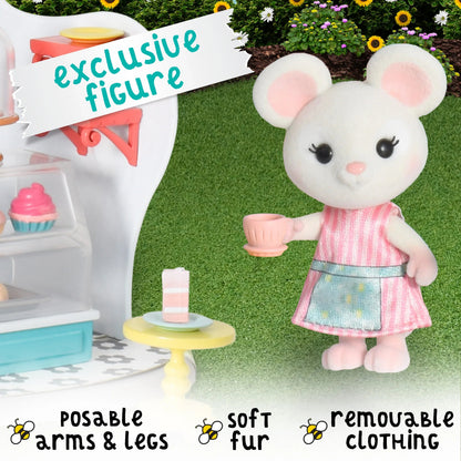 Honey Bee Acres Bees Teas Pastry Shop – 35 Piece Miniature Bakery Dollhouse with Cupcakes, Tea Cups & Exclusive Mouse Figure – Kids Ages 3+