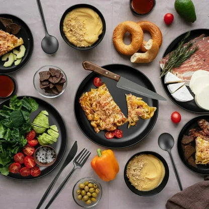 TINANA Wheat Straw Dinnerware Set, Service for 4, 48 PCS Unbreakable Plastic Plates and Bowls Sets, Dishwasher Microwave Safe, Black
