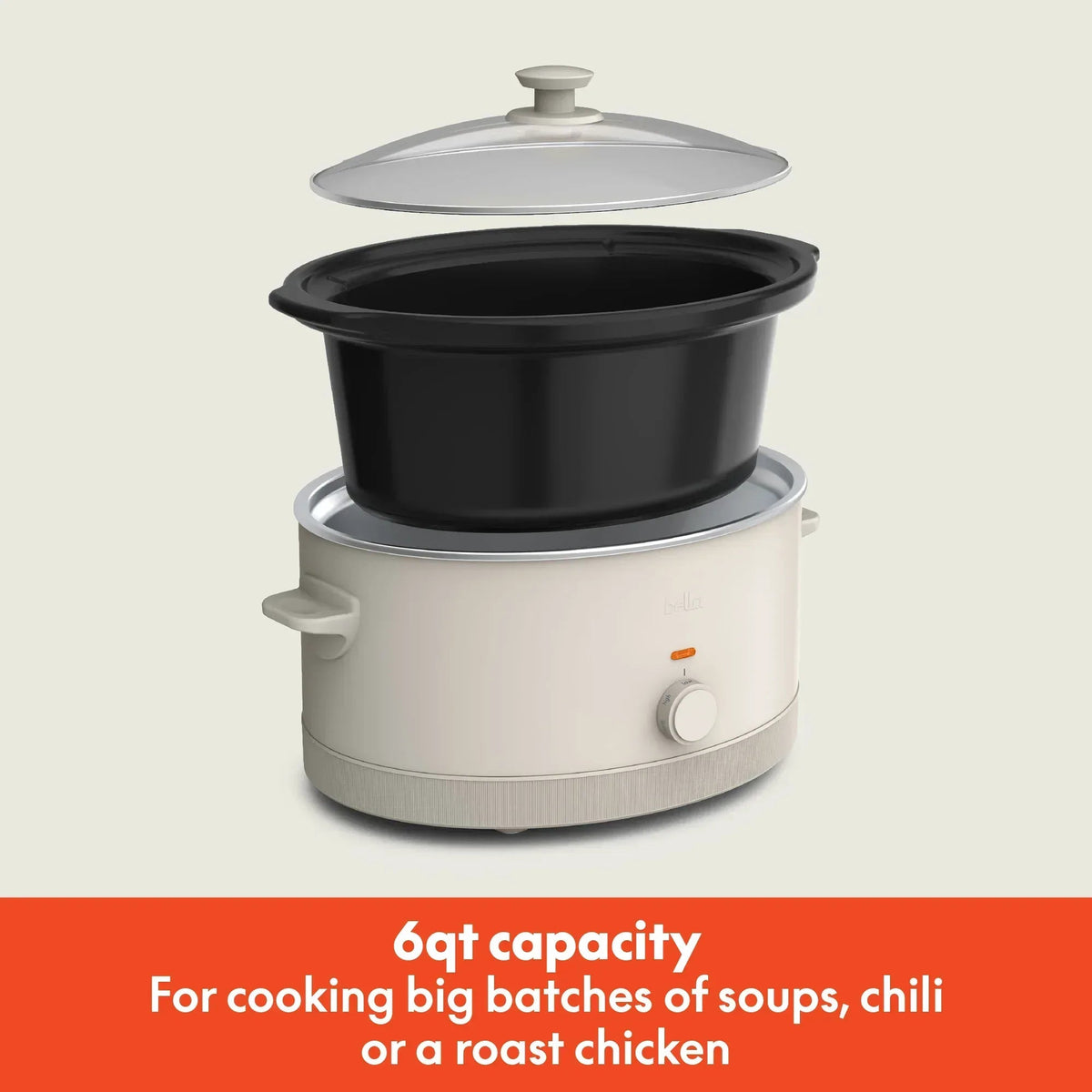 bella 6 Qt Manual Slow Cooker with 3 Temperature Settings, Ceramic Nonstick Coating, Dishwasher Safe Stoneware Pot & Tempered Glass Lid, Oatmilk