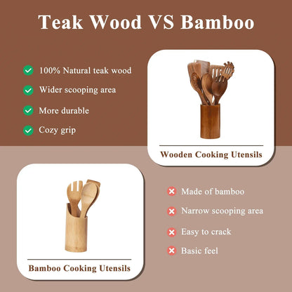 VAVSEA Thick Wooden Spoons for Cooking, 8 Pcs Natural Wooden Utensil for Cooking with Non-Stick, Heat Resistant, Wood Kitchen Utensil Set