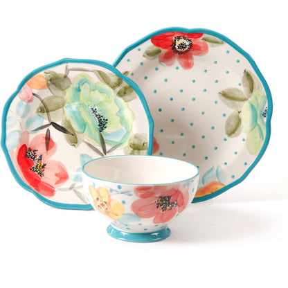 The Pioneer Woman Vintage Bloom 12-Piece Dinnerware Set, Turquoise