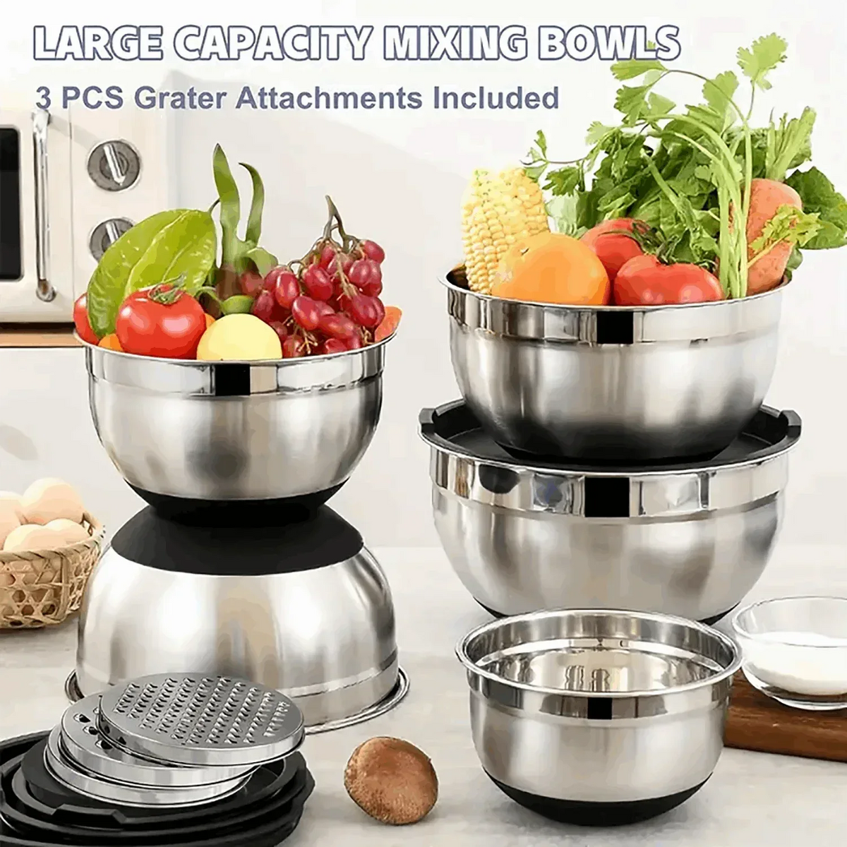 AOKIWO Mixing Bowls with Airtight Lids, 8PCS Stainless Steel Bowls Set with 3 Grater Attachments, Kitchen Bowls with Non-Slip Bottoms, Size 5, 4, 3.5, 2, 1.5 QT for Mixing & Serving, Black