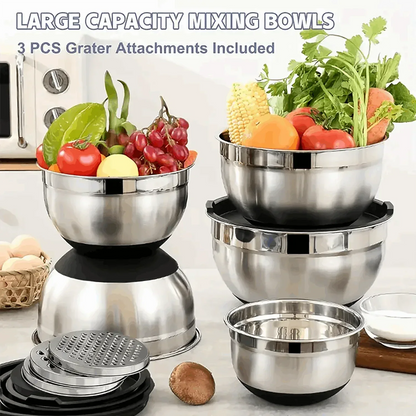 AOKIWO Mixing Bowls with Airtight Lids, 8PCS Stainless Steel Bowls Set with 3 Grater Attachments, Kitchen Bowls with Non-Slip Bottoms, Size 5, 4, 3.5, 2, 1.5 QT for Mixing & Serving, Black