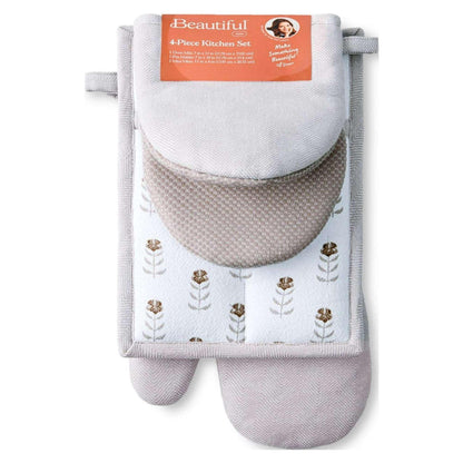 Beautiful Home by Drew Barrymore 4-Piece Oven Mitt, Pot Holder, Mini Mitt Set, Brown