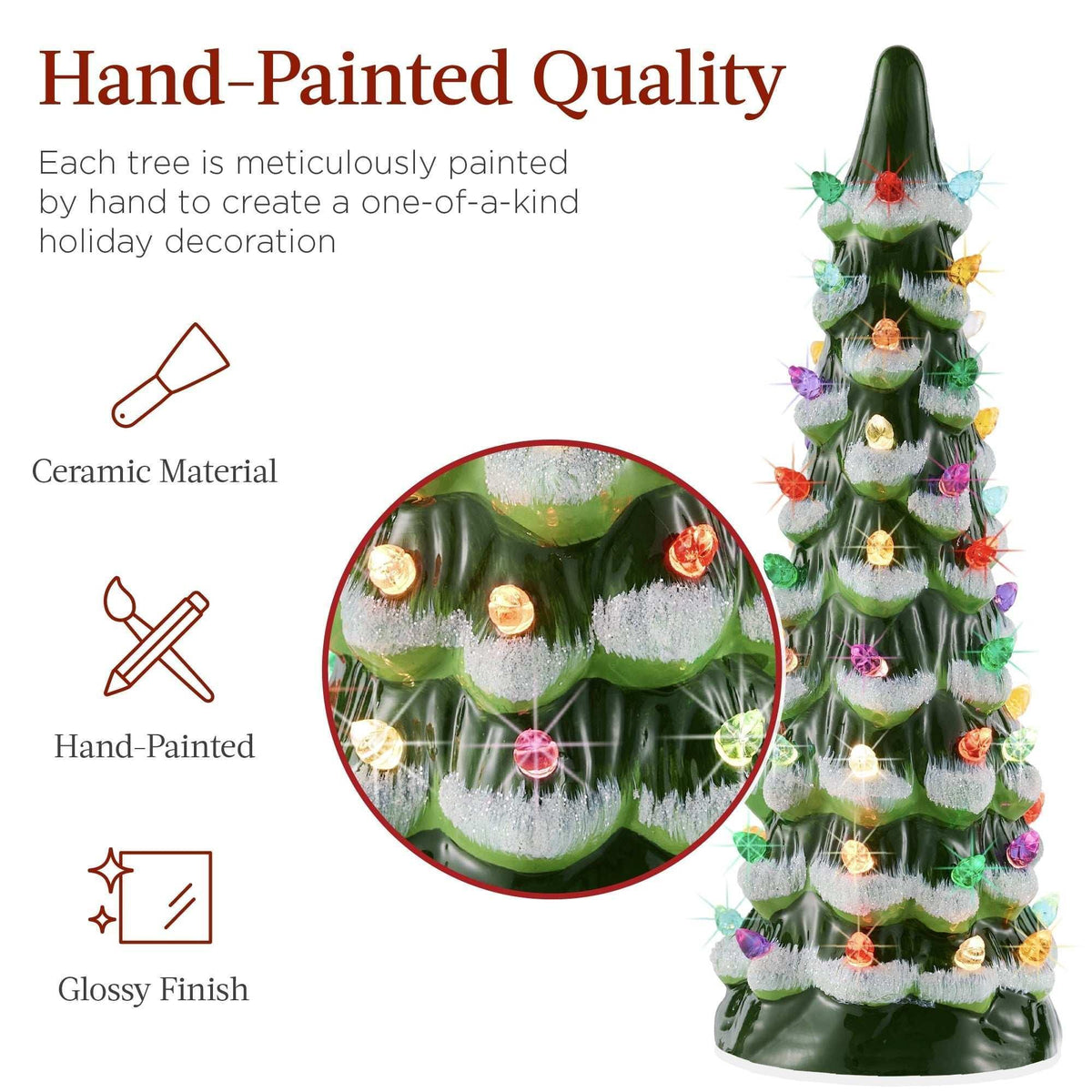 Best Choice Products Set of 3 Pre-Lit Hand-Painted Ceramic Tabletop Christmas Trees w/ Multicolor Lights - Flocked Green