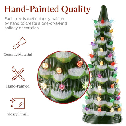 Best Choice Products Set of 3 Pre-Lit Hand-Painted Ceramic Tabletop Christmas Trees w/ Multicolor Lights - Flocked Green