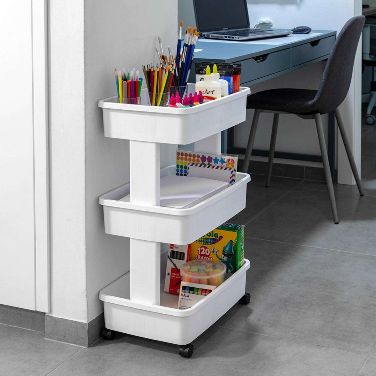 Mainstays 3-Tier Plastic Rolling Laundry Cart, Arctic White