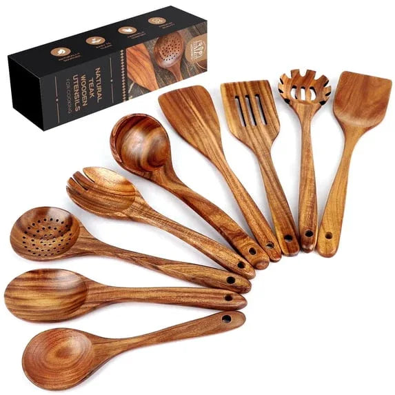Wooden Spoons for Cooking, AOKIWO 6 PCS Teak Wood Cooking Utensil Set, Kitchen Wooden Finish Utensils Spoons and Spatula Set, Lightweight Nonstick Cookware