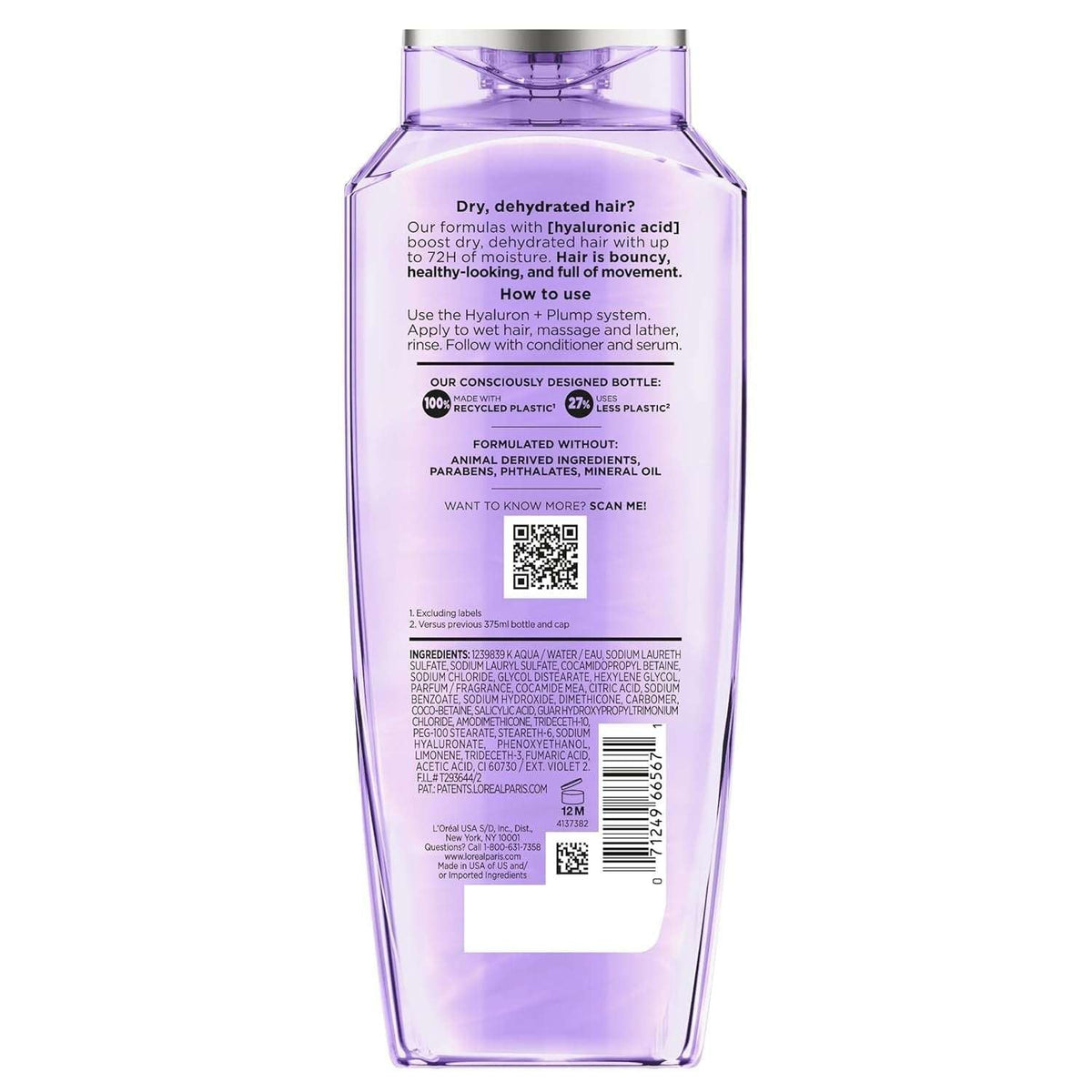 L'Oreal Paris Elvive Hyaluron Plump Hydrating Shampoo for Dehydrated, Dry Hair Infused with Hyaluronic Acid Care Complex, Paraben-Free, 12.6 Fl Oz