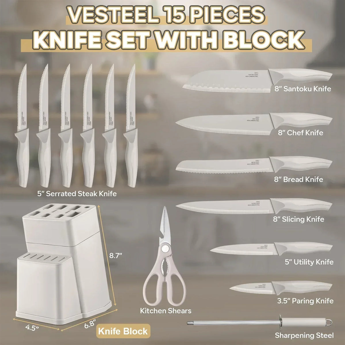 Vesteel Knife Set for Kitchen with Block, 15 Pcs High Carbon Stainless Steel Kitchen Knife Set with Self Sharpening