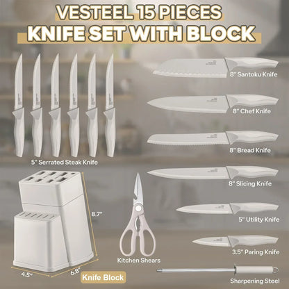 Vesteel Knife Set for Kitchen with Block, 15 Pcs High Carbon Stainless Steel Kitchen Knife Set with Self Sharpening
