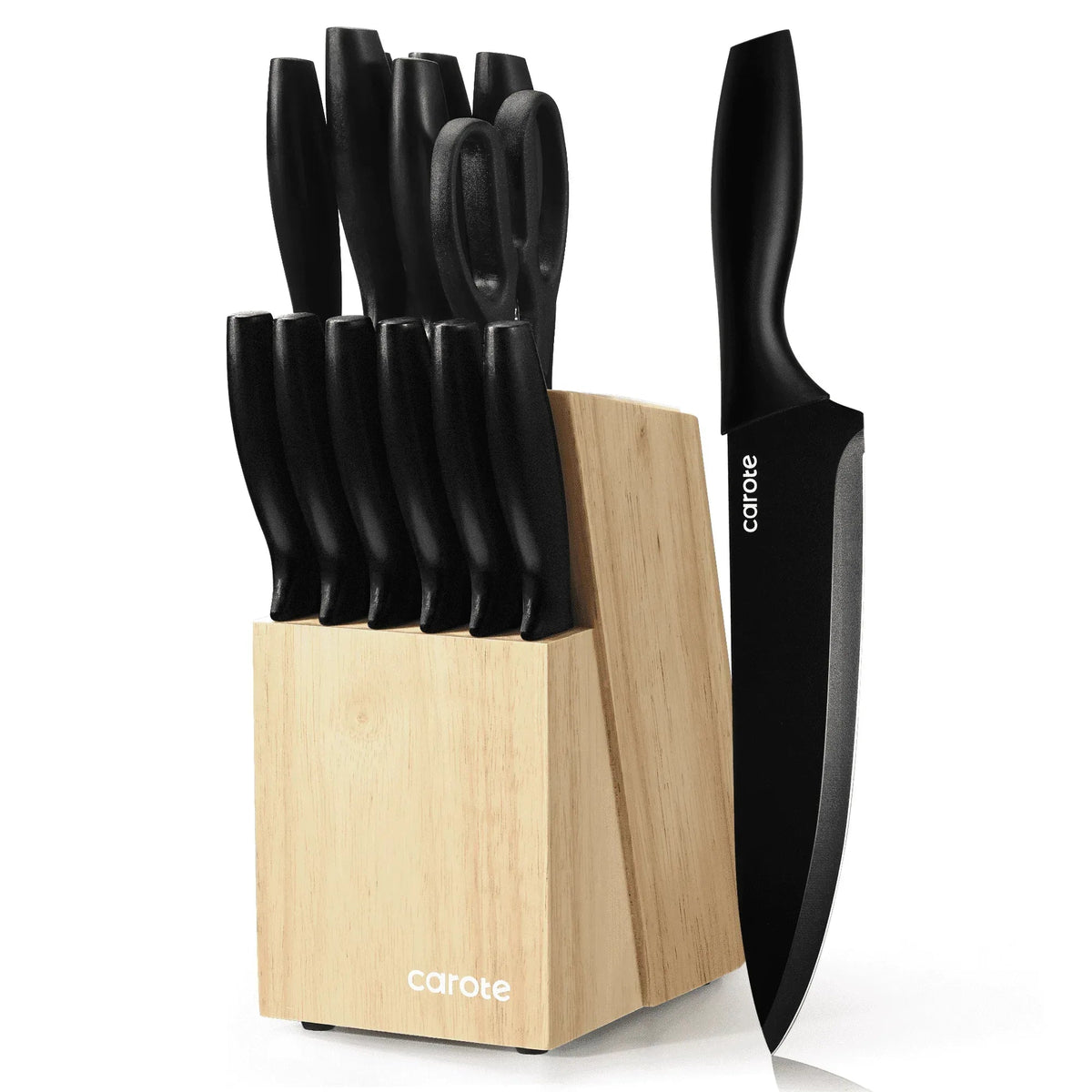 Carote 15-Piece Premium Kitchen Knife Set, Black Ceramic-Coated Blades with Stylish Wooden Block