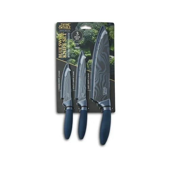 Thyme & Table 3-Piece Stainless Steel Blue Swirl Knife Set with Protective Sheaths