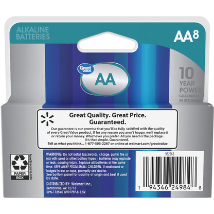 Great Value Alkaline AA Batteries, 8 Count (Plastic Free Packaging)