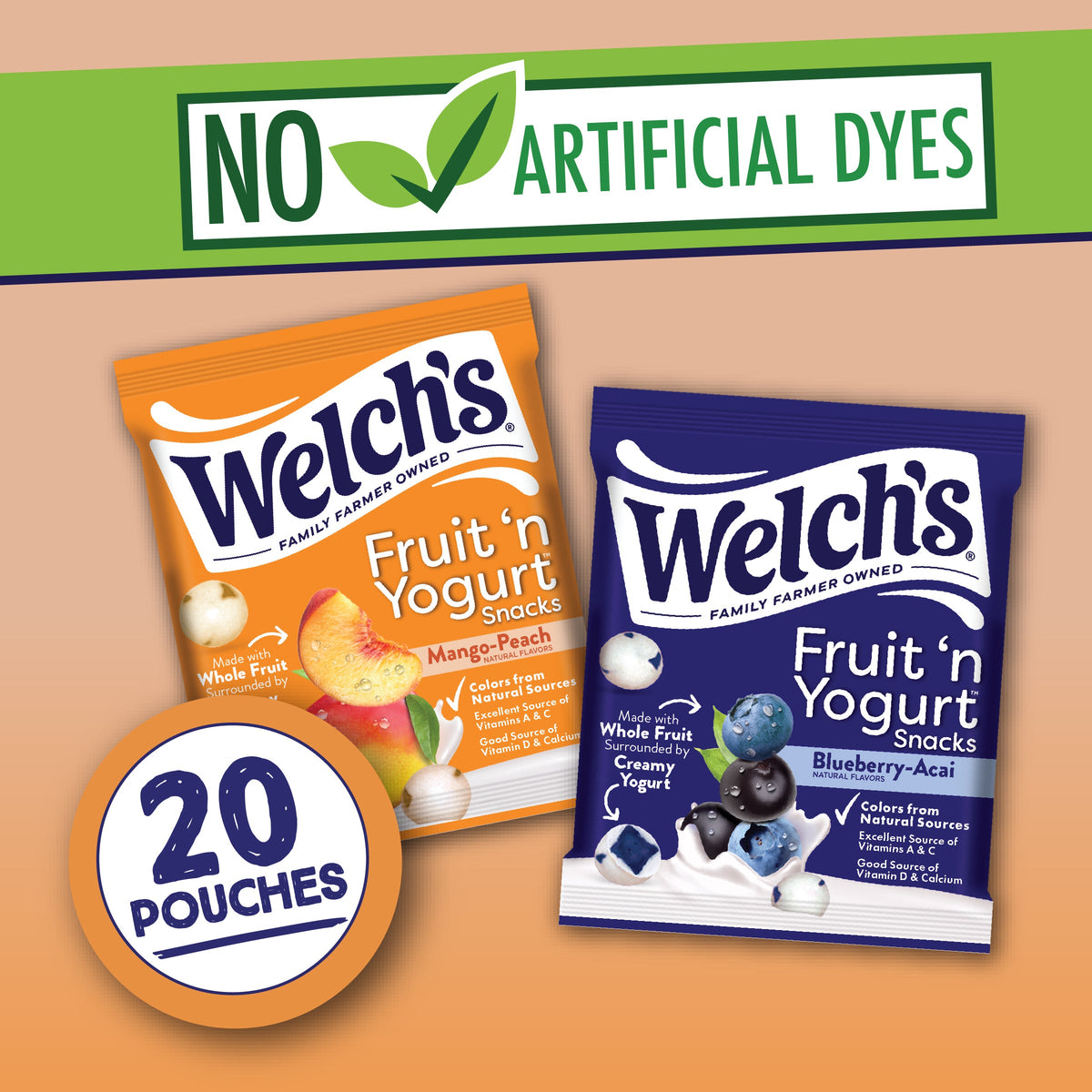 Welch's Fruit 'N Yogurt Blueberry-Acai. & Mango-Peach Soft Fruit Snacks, .7 oz, 20 Count