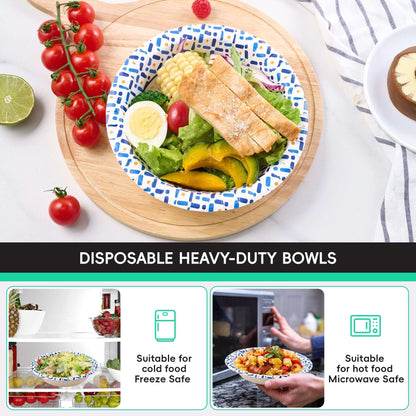 VPLUS Disposable Paper Bowls, 20 Oz 100 Count, Microwave Safe, Soak Proof, Heavy Duty Flower Printed Paper Bowls for Dinner or Lunch