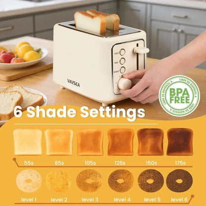 VAVSEA 2 Slice Toaster, 1000W Bread Toaster Machine with Extra Wide Slot, 6 Shade Settings and LED for Bagels, Waffles, Bread, Removable Crumb Tray, Breakfast Helper, Beige