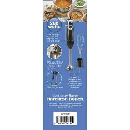 Hamilton Beach 2-Speed Immersion Hand Blender for Kitchen with Blending Wand & Whisk, Black