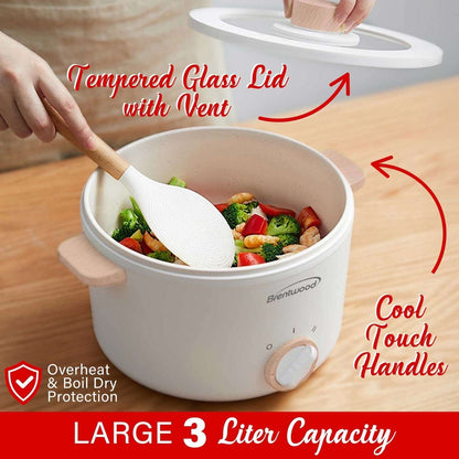 Brentwood 3.2-Qt. Multi-Function Electric Hot Pot Cooker with Food Steamer and Ceramic Non-Stick Coating, White, HPS-3302W, HPS-3302W