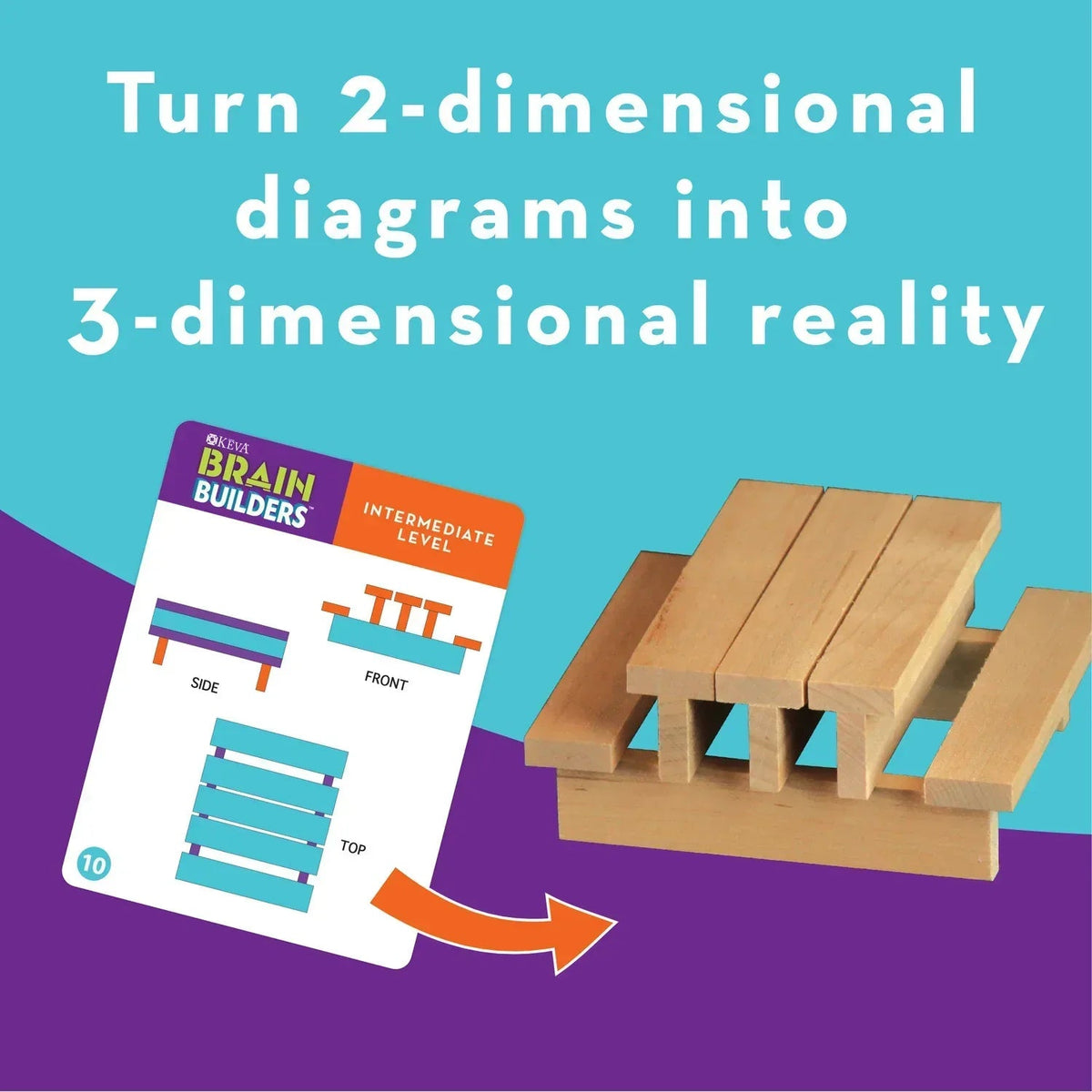 MindWare KEVA Brainbuilders, 3D brain building STEM challenges for boys & girls, Try to build the image, Practice spatial thinking, 20 planks & 30 puzzles