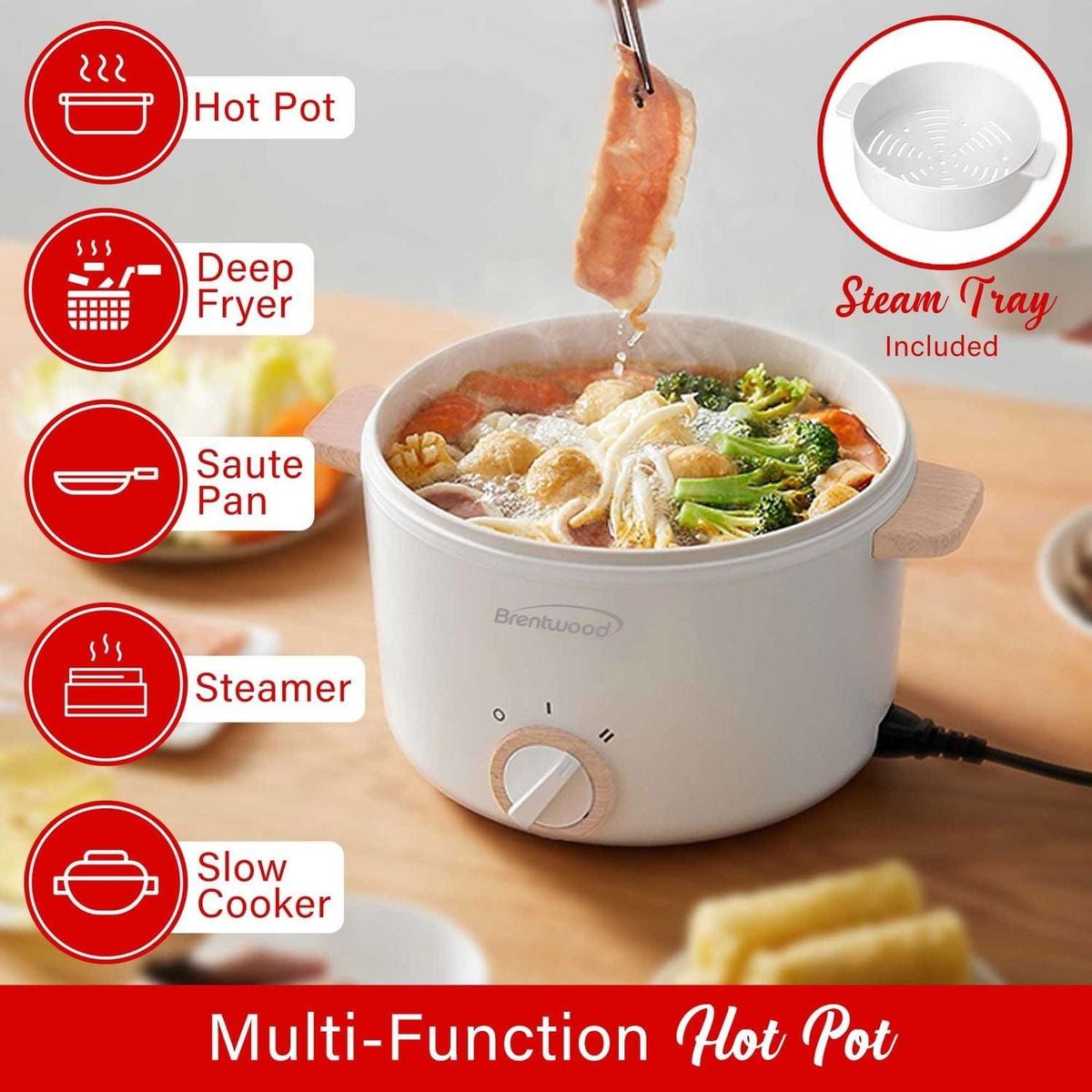 Brentwood 3.2-Qt. Multi-Function Electric Hot Pot Cooker with Food Steamer and Ceramic Non-Stick Coating, White, HPS-3302W, HPS-3302W