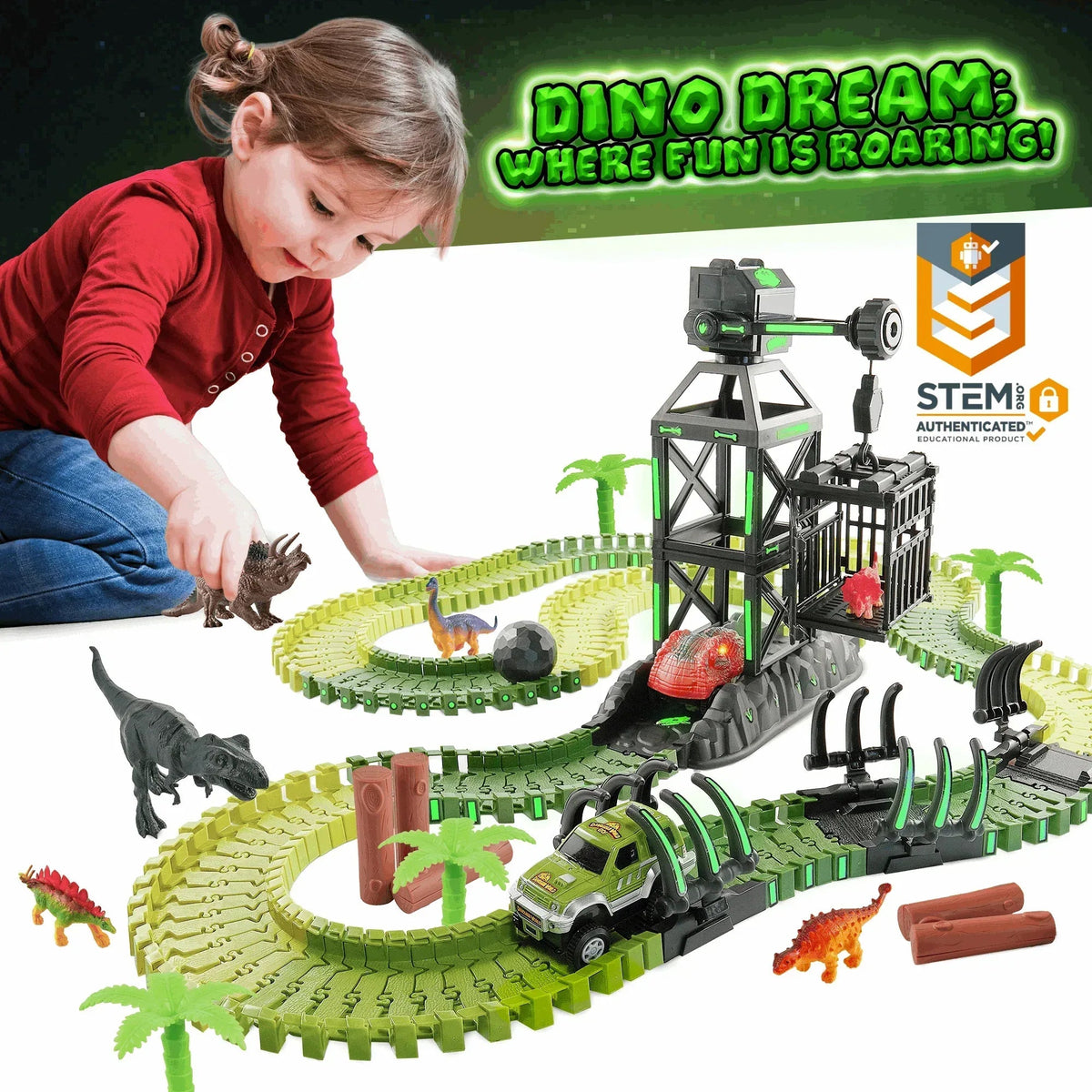USA Toyz Dinosaur Dash Track 6 Dinosaurs LED Dino Car STEM Set Toy 225 Piece Tracks for Kids Ages 3+