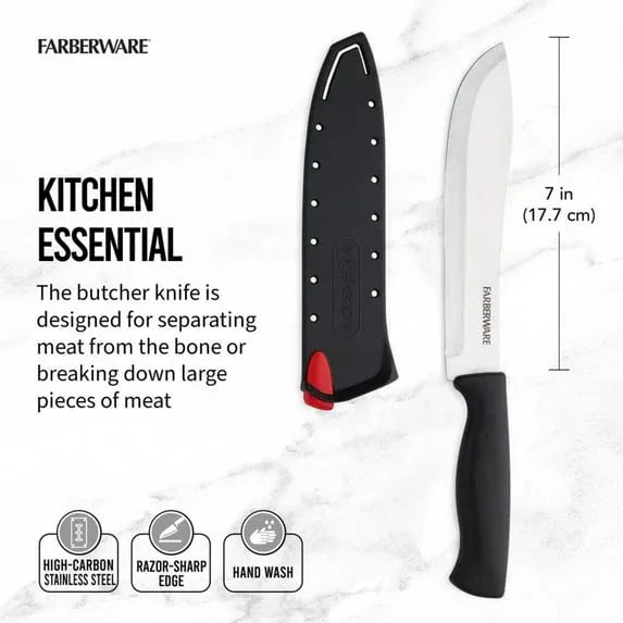 Farberware 7-inch Butcher Knife with Self-Sharpening Blade Cover, Sharp Kitchen Knife, Black