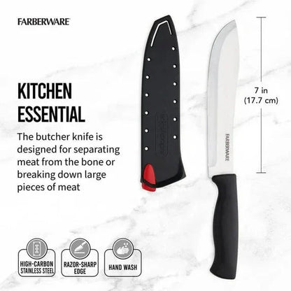 Farberware 7-inch Butcher Knife with Self-Sharpening Blade Cover, Sharp Kitchen Knife, Black