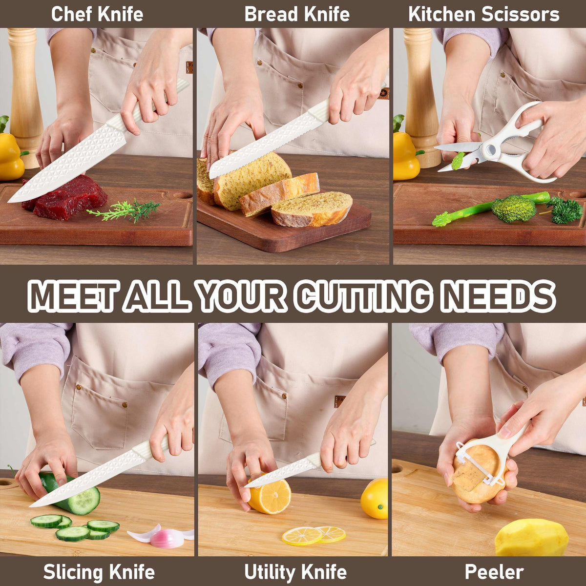 Vesteel Kitchen Knife Set of 7, Professional Stainless Steel Knives Set for Kitchen with Universal Knife Block - Khaki