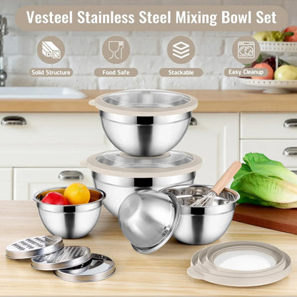 Vesteel Mixing Bowls with Lids Set of 8, Stainless Steel Prep Bowls with Upgraded Airtight Visible Lid, Metal Nesting Bowl Attach with 3 Graters for Kitchen Grating/ Shredding / Mixing
