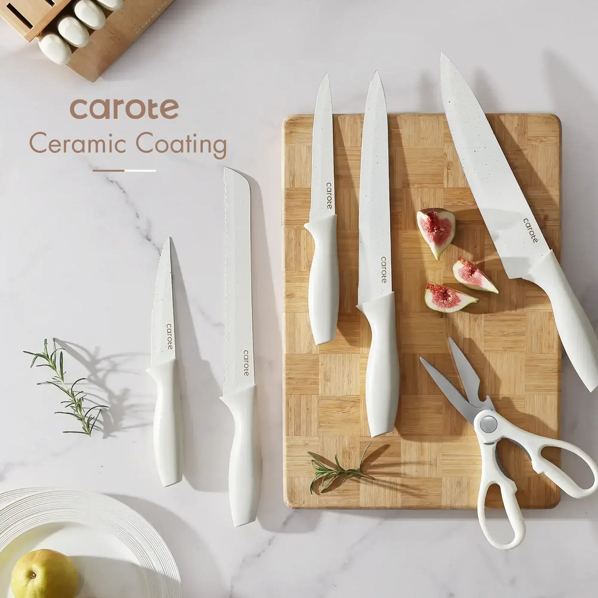 Carote 15-Piece Premium Kitchen Knife Set, Ceramic-Coated Blades with Stylish Wooden Block