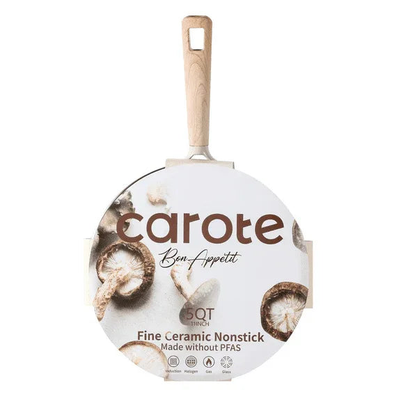 Carote Healthy Ceramic NonStick Jumbo Cooker with Induction 11" Non-Toxic Saute Pan With Lid Cover, Bon Appetit, Taupe, 5QT