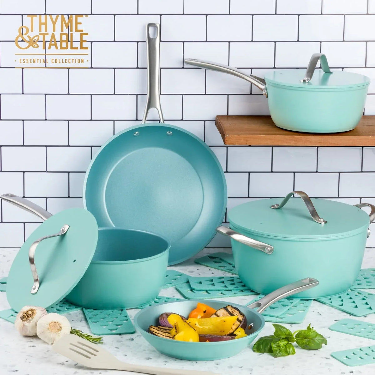 Thyme & Table 12 Piece Non-Stick Acadia Cookware Set, Pots and Pans Set - Blue